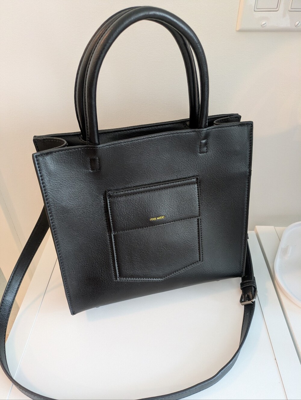 Pixie Mood - Black Leather Tote Bag with Front Pocket